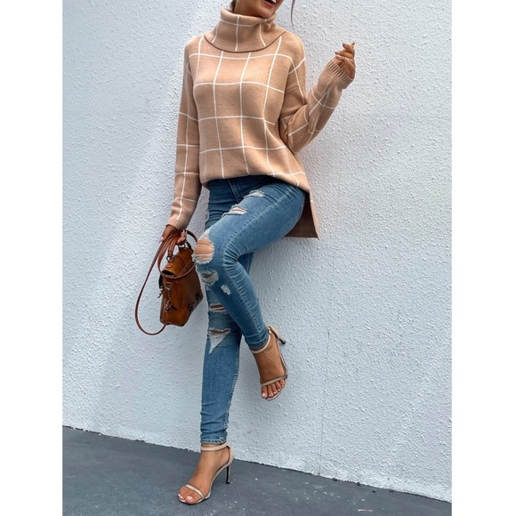 Tan Grid Printed Long Sweater Plaid Pattern Split Sides Pullover Turtleneck - Picture 3 of 12